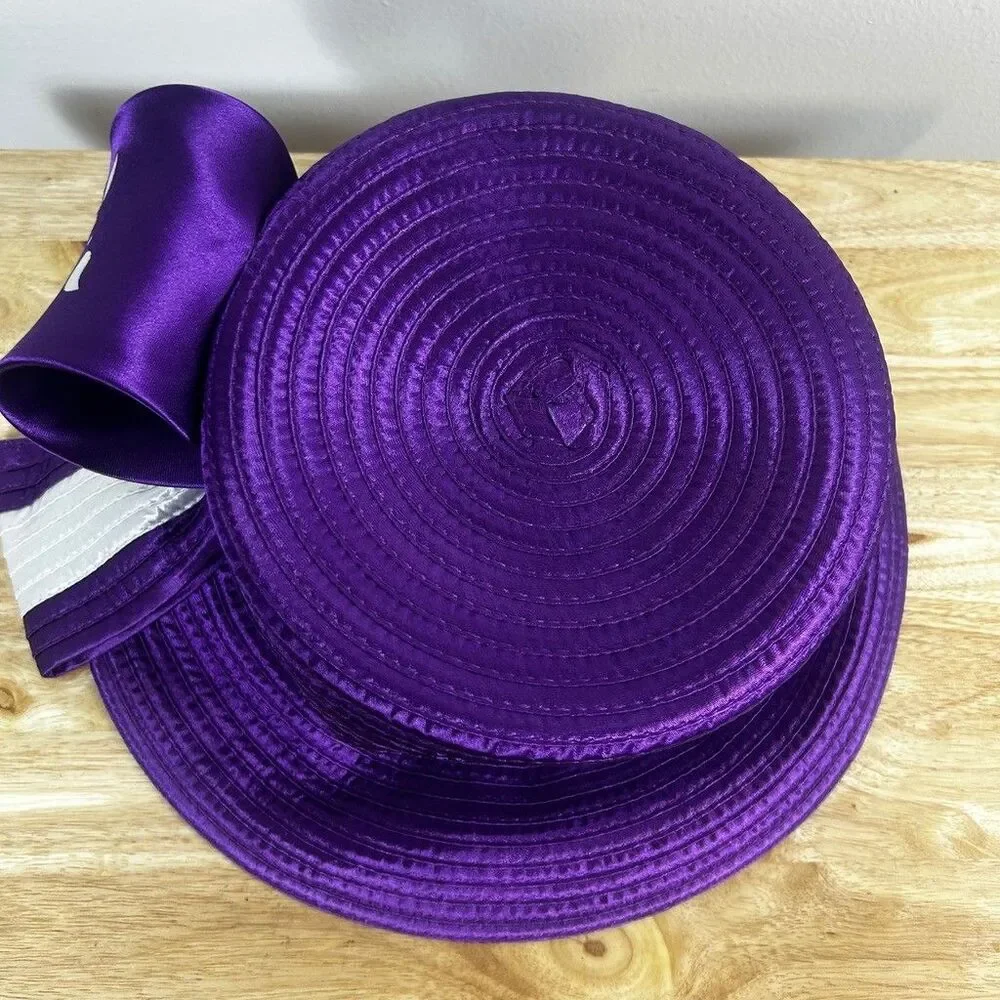 Purple Church Hat Womens Dress Derby Satin Ribbon Rhinestone Bow Top Hat